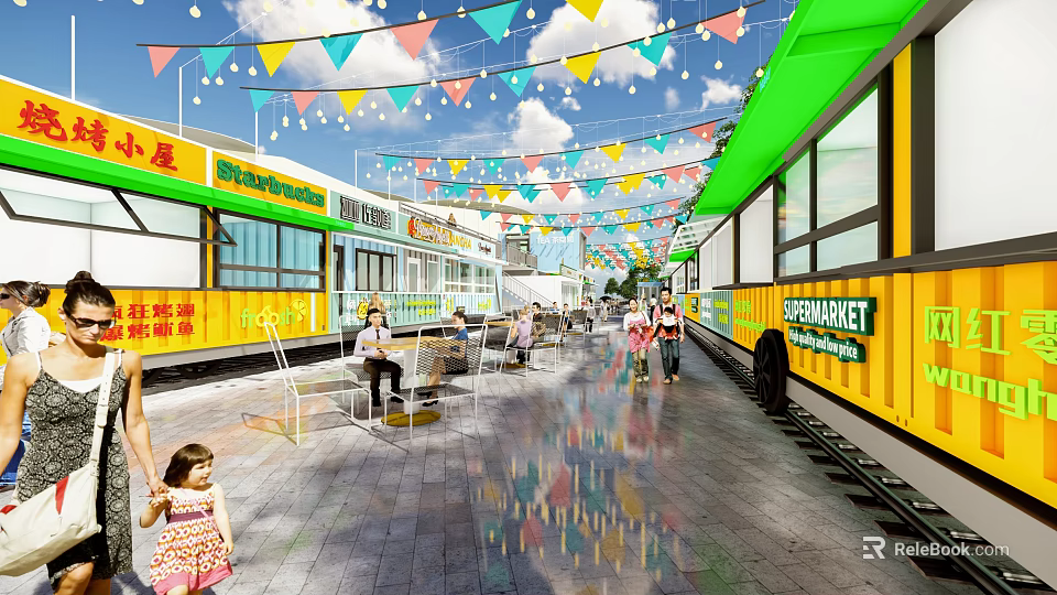 Vibrant Pedestrian Commercial Street With Colorful Bunting Yellow Storefronts Pedestrians And Seating Areas 3d model 