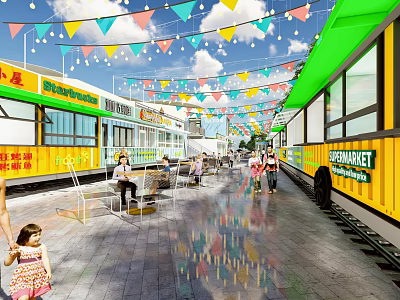 Vibrant Pedestrian Commercial Street With Colorful Bunting Yellow Storefronts Pedestrians And Seating Areas 3d model