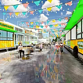 Vibrant Pedestrian Commercial Street With Colorful Bunting Yellow Storefronts Pedestrians And Seating Areas
