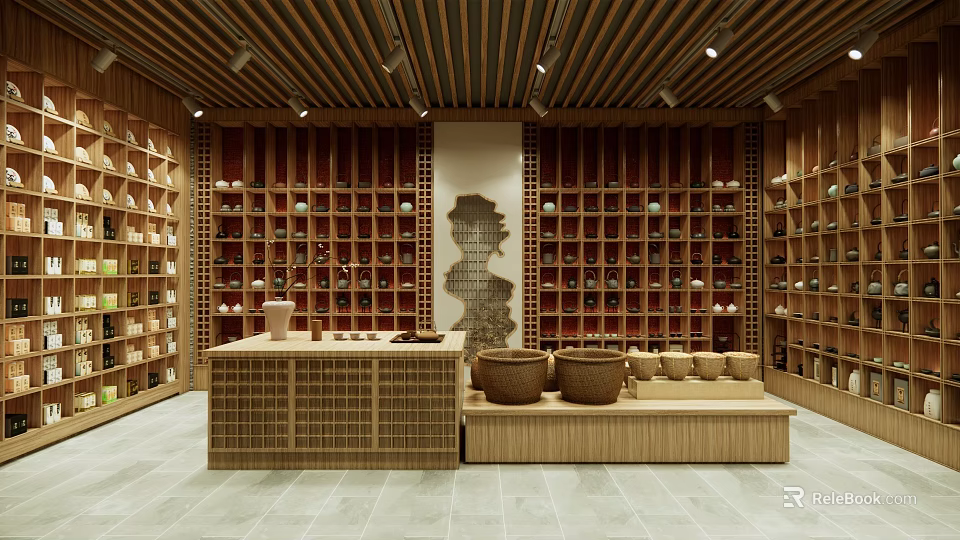 Traditional Exhibition Hall Interior With Wooden Shelves Display Items And Seating Area 3d model 