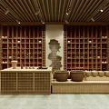 Traditional Exhibition Hall Interior With Wooden Shelves Display Items And Seating Area