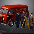 Red Geometres Truck With Surveying Equipment And Men In Coats
