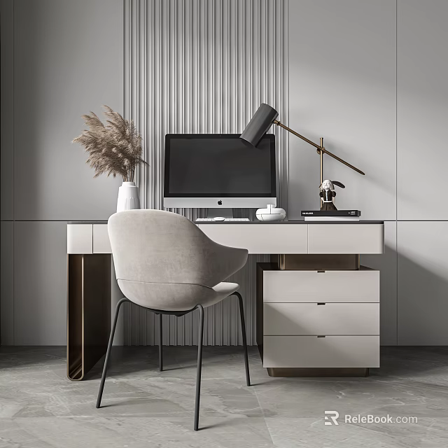 Modern Desk With Computer Chair Table Lamp Decorative Vase And Storage Drawers 3d model 