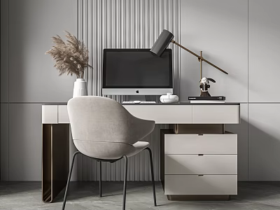 Modern Desk With Computer Chair Table Lamp Decorative Vase And Storage Drawers 3d model