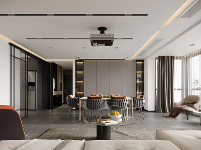 Modern Living and Dining Room With Sofa Dining Table Projector and Floor to Ceiling Windows 3d model
