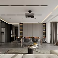 Modern Living and Dining Room With Sofa Dining Table Projector and Floor to Ceiling Windows