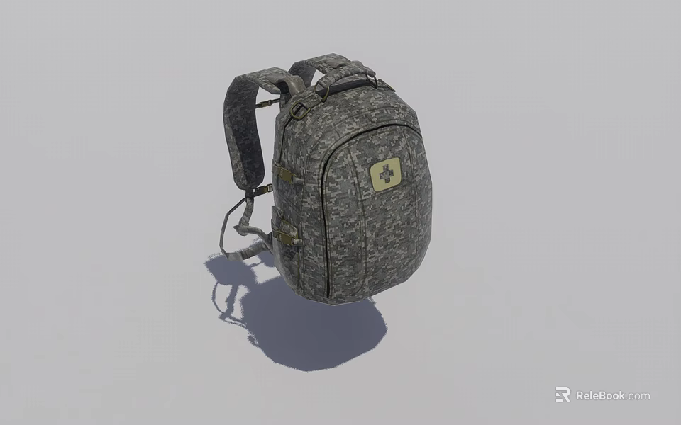Gray Camouflage Backpack With Double Shoulder Straps And Brand Logo Patch For Everyday Use 3d model