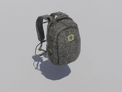 Gray Camouflage Backpack With Double Shoulder Straps And Brand Logo Patch For Everyday Use 3d model