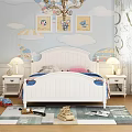 Kids Bed with Blue Hot Air Balloon Wallpaper White Nightstand Chandelier Desk and Toys