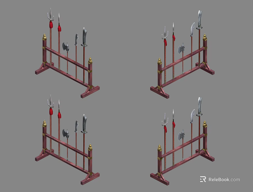 Ancient Weapon Display Rack With Red Frame Golden Decorations And Various Weapons 3d model