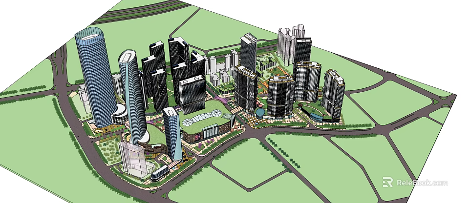 Modern High Rise Office Buildings In Urban Cityscape With Green Spaces And Roads 3d model 