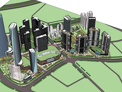 Modern High Rise Office Buildings In Urban Cityscape With Green Spaces And Roads 3d model