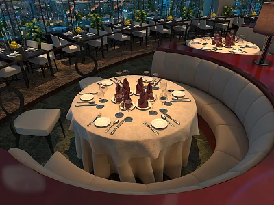 Elegant Restaurant With Round White Tablecloth Dining Table Curved Booths Plants And City Night View 3d model
