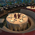 Elegant Restaurant With Round White Tablecloth Dining Table Curved Booths Plants And City Night View