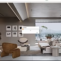 Modern Living Room Interior Design With Sofa Armchair Wall Art Plants And Large Window View