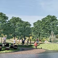Outdoor Children's Play Area With Lush Trees Green Lawn Kids Bicycling And Decorative Sculpture