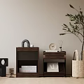 Two Dark Wooden Nightstands With Books Clock Decorative Items And Potted Plant