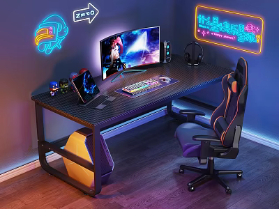 Gaming Desk Setup With Neon Lights Ergonomic Chair Curved Monitor And Keyboard 3d model