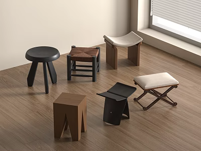 Various Modern Minimalist Wooden Stools With Different Designs And Colors On Wooden Floor 3d model