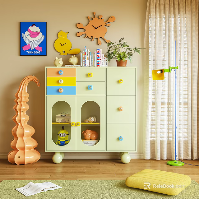 Colorful Children's Chest of Drawers with Cartoon Cat Sun Decor Books and Potted Plant 3d model 