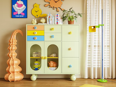 Colorful Children's Chest of Drawers with Cartoon Cat Sun Decor Books and Potted Plant 3d model