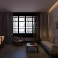 Minimalist Hotel Guest Room Interior With Sofa Floor Lamp Coffee Table And Green Screen Windows