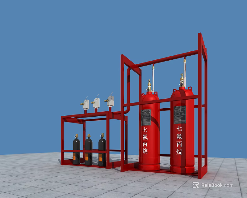 Fire Equipment Setup With Red Frame Structure Large Red Cylinders And Black Extinguishers 3d model 
