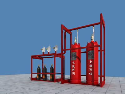 Fire Equipment Setup With Red Frame Structure Large Red Cylinders And Black Extinguishers 3d model