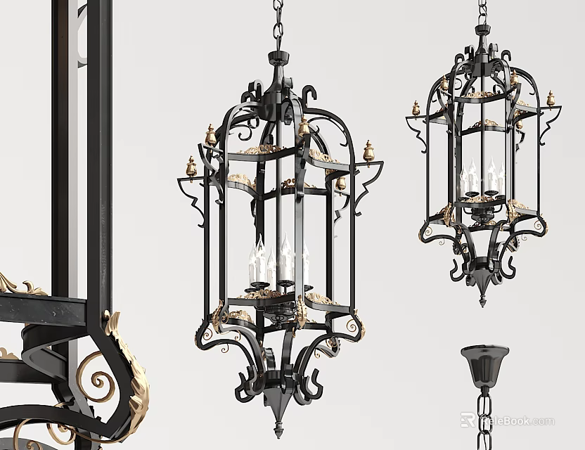 Ornate Vintage Chandeliers With Black Metal Frame Gold Accents And Intricate Patterns 3d model 