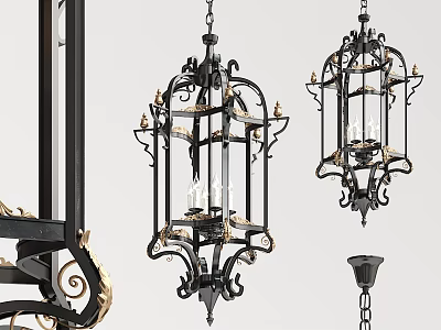 Ornate Vintage Chandeliers With Black Metal Frame Gold Accents And Intricate Patterns 3d model