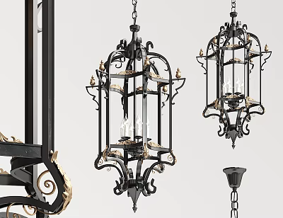 Ornate Vintage Chandeliers With Black Metal Frame Gold Accents And Intricate Patterns 3d model