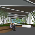 Modern Lounge Area With Wooden Roof Structure Green Plants Seating Benches And Natural Light