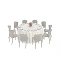 Round Dining Table And Chairs Set With White Tablecloth Tableware And Flower Arrangement 3d model