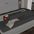 Modern Sofa and Coffee Table Set with Black Fabric Throw Pillows Wooden Table and Rug
