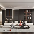 Modern Living Room Interior With White Sofa Black Coffee Table Circular Wall Decor And Shelves