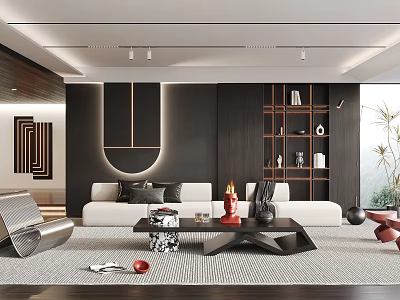 Modern Living Room Interior With White Sofa Black Coffee Table Circular Wall Decor And Shelves 3d model