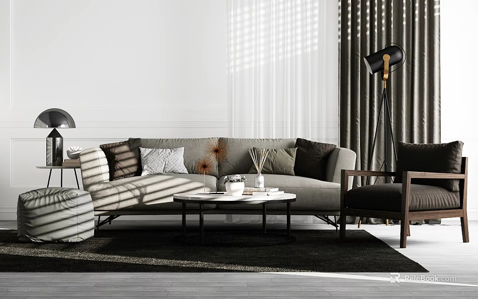 Modern Interior Sofa And Coffee Table Set With Striped Pillows Floor Lamp And Rug 3d model 