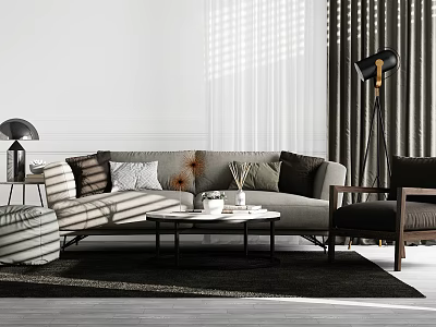 Modern Interior Sofa And Coffee Table Set With Striped Pillows Floor Lamp And Rug 3d model