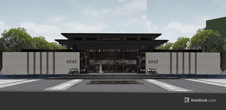 Traditional Chinese Architecture Main Gate With Plaque And Courtyard Square Design 3d model