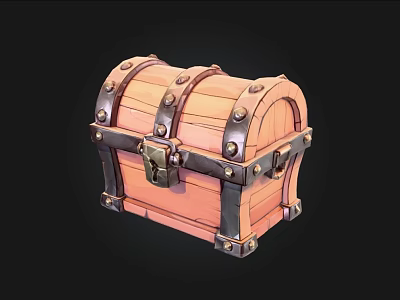 Vintage Wooden Treasure Chest With Metal Rivets Curved Top And Lock 3d model