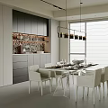 Modern Restaurant Interior With White Chairs Dining Table Hanging Lights And Cabinets 3d model