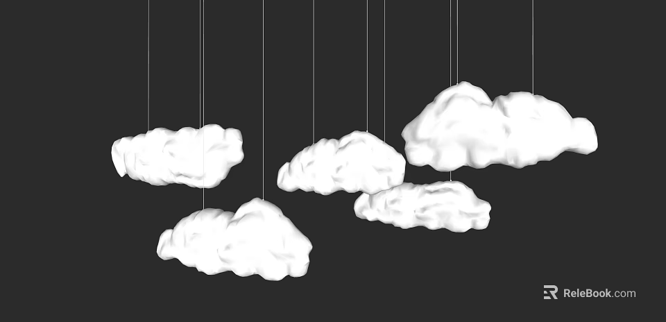 White Cloud Shaped Chandeliers Hanging by Strings on Black Background 3d model 
