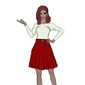 Pink haired woman in white long sleeve top and red skirt hand on hip other extended
