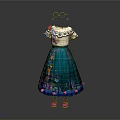 Teal Children's Dress With White Top Floral Embroidery Colorful Patterns And Pink Shoes