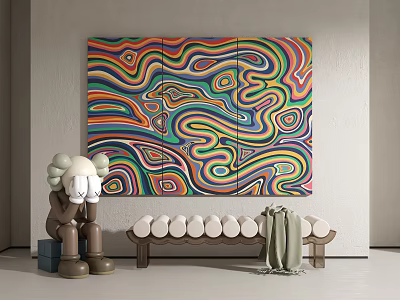 Abstract Painting With Colorful Curves In Interior With Sculpture And Bench 3d model