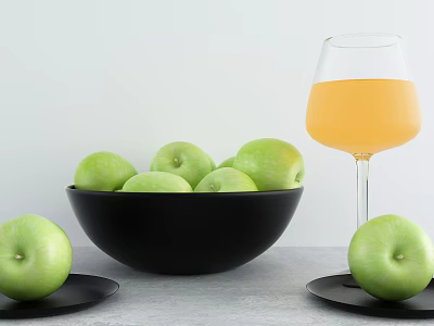 Fresh Green Apples in Black Bowl and on Small Plates with Glass of Orange Juice 3d model