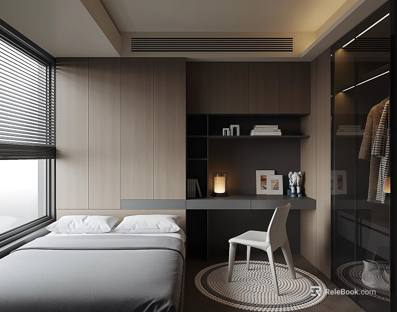 Modern Minimalist Tatami Bedroom Interior With Gray Bedding Window Blinds Wooden Desk And Storage Cabinets 3d model 