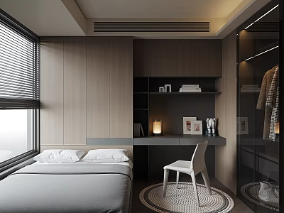 Modern Minimalist Tatami Bedroom Interior With Gray Bedding Window Blinds Wooden Desk And Storage Cabinets 3d model