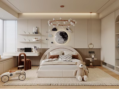 Elegant Kids Bedroom Children's Bed with Teddy Bear Moon Decor Stars and Cloud Ball Chandelier 3d model