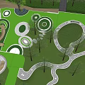 Park Landscape with Green Lawn Circular Patterns Curved Slide Trees Wooden Fence and Purple Flowers